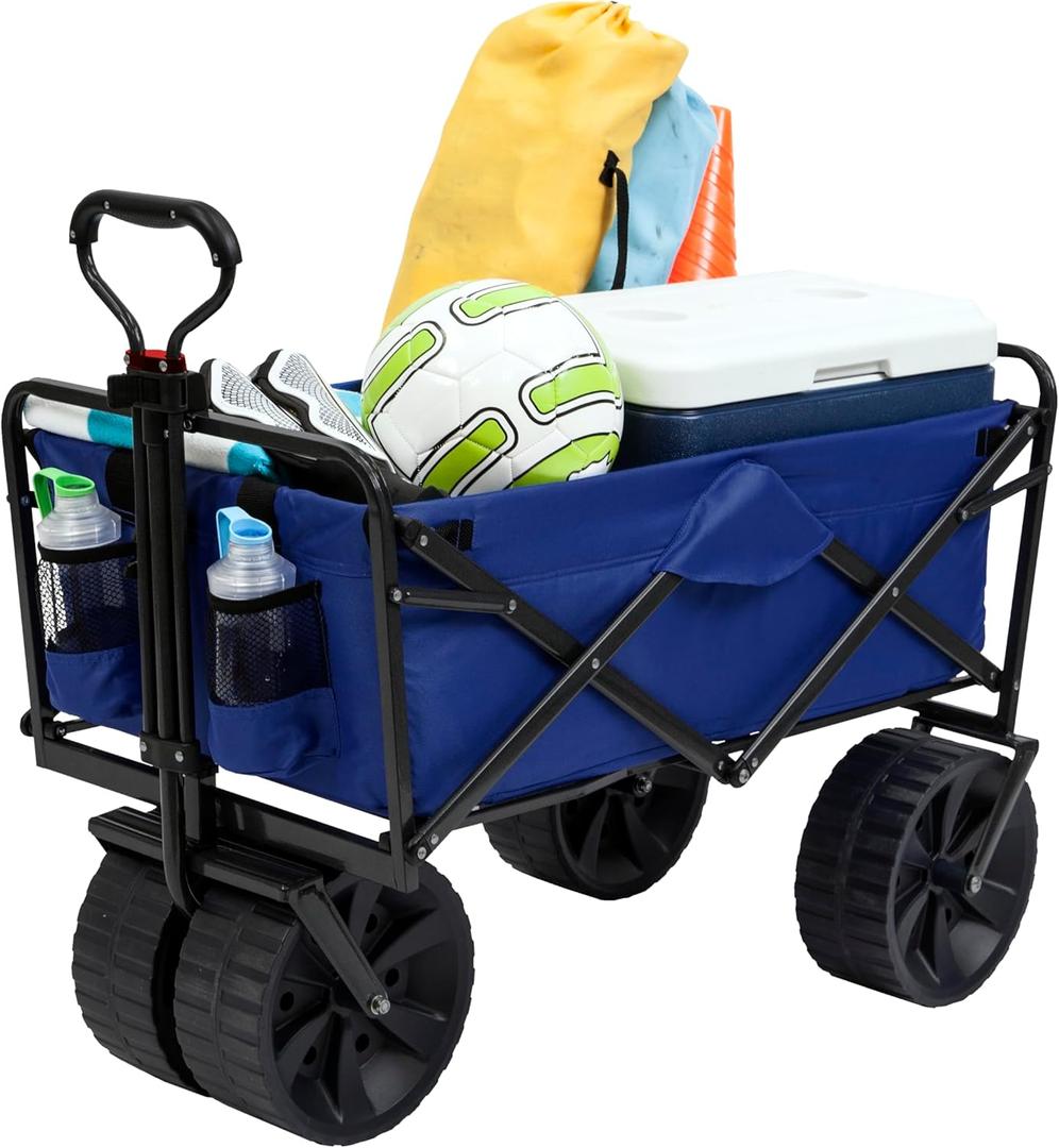 MacSports Heavy Duty Collapsible Folding All Terrain Utility Beach Wagon Cart, Blue/Black