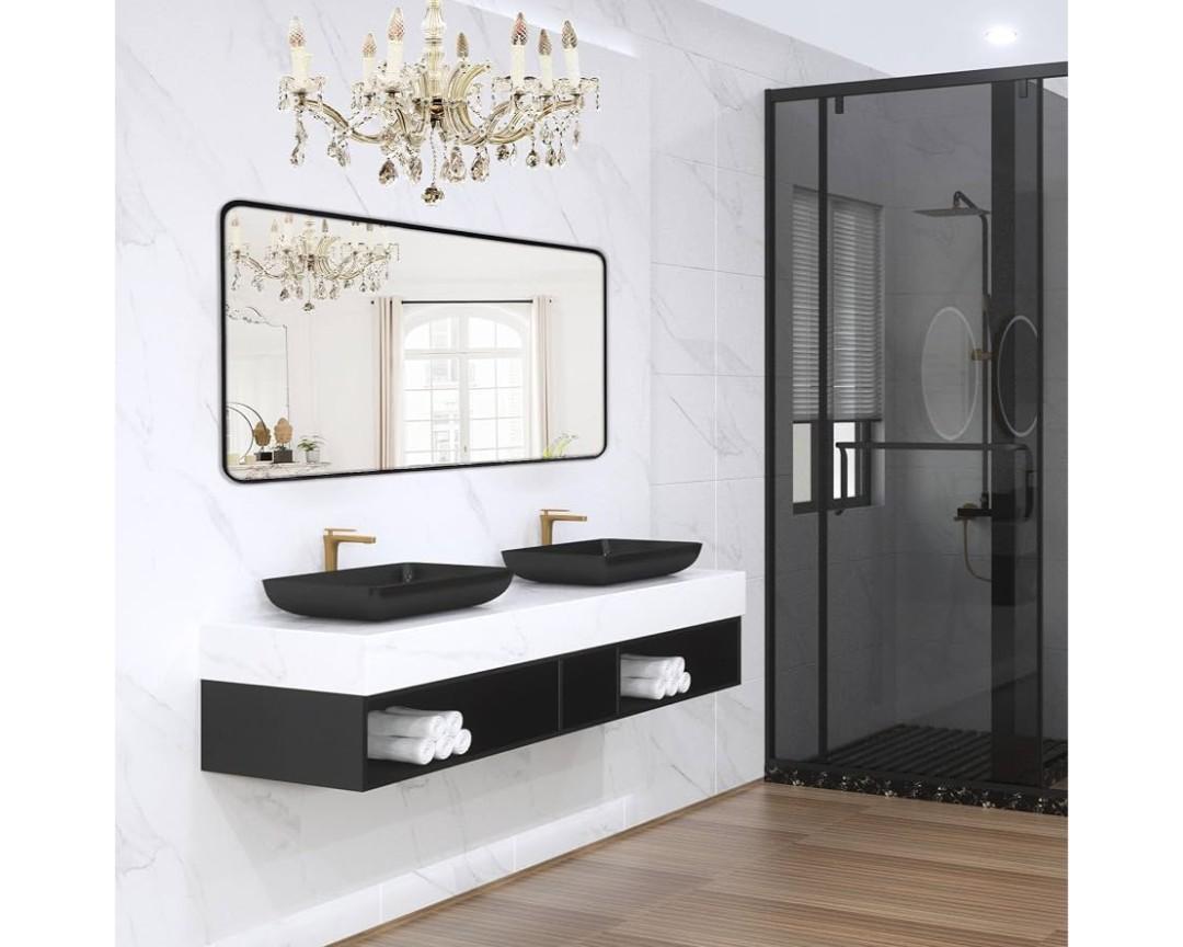 Black Bathroom Mirror 30x48in, Metal Framed Rounded Rectangle WallTempered Glass, Anti-Rust Frame, Hangs Horizontal or Vertical, HD Reflection Clarity