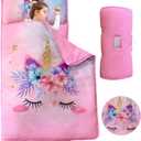 Pink Unicorn Toddler Nap Mats with Removable Pillow and Blanket for Girls Kids Sleeping Mats Toddler Slumber Bag Nap Pad for Girls Boys Preschool Daycare Kindergarten Sleepovers Travel Camping, Pink Unicorn Flowers (Standard- 50" x 20")
