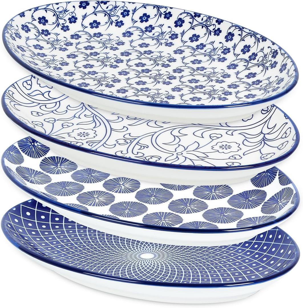 Selamica Serving Platters Ceramic, 12 Inch Serving Dishes for Party Entertaining, Oval Serving Plates for Sandwich, Appetizer, Fruit, Microwave Dishwasher Safe, Set of 4, Vintage Blue