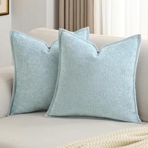 FUTEI Light Blue Chenille Throw Pillow Covers 18x18 Inch Set of 2,Soft Cozy Bound Edge Design Cushion Case,Home Decor for Couch Bed Living Room