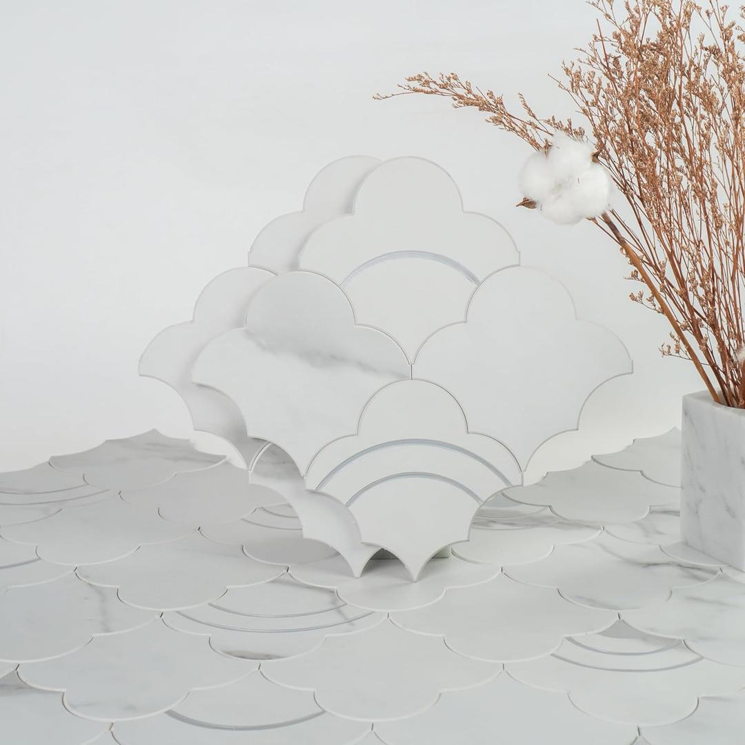 COLAMO Luxury Peel and Stick Backsplash,Faux Stone Mix Metal Smart Adhesive Mosaic Tile,Stick on Arabesque Geometric Water Jet, Accent Wall Tile for Kitchen,Fireplace,Bathroom(10,White Marble) (Silver Alps)