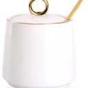 WHJY Ceramic Sugar Bowl with Lid and Spoon, Simple White Clear Porcelain Salt Bowl Salt Container, Modern Spice Box Seasoning Jar for Home and Kitchen Coffee Bar - White