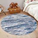 SIILOOM 5' Round Rug Washable Rug for Entryway, Navy Blue Gray Neutral Multi Soft Non-Slip Area Rugs Modern Abstract Low-Pile Carpet, Neutral Vintage Circle Rugs for Living Room Dining Bedroom Foyer