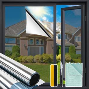 Niviy One Way Privacy Window Film, 23.6 x 157.4 Inch Window Tint for Home, Reflective Window Film See Out Not in Heat Blocking Anti UV Mirror Tint with Free Installation Kit, Silver