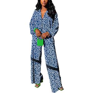 kaimimei Casual 2 Piece Outfit for Women - Linen Long Sleeve Button Down Shirt + Flare Pleated Wide Leg Pants Sets Streetwear (Large, Blue Floral)