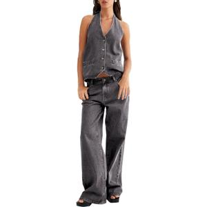 Fisoew Women's Two Piece Denim Set Button Down Backless Tank Top and Wide Leg Jeans 2 Piece Outfit Suits (Grey) Small