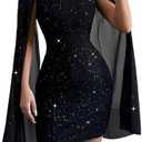 Women's Sexy Glitter Mini Dress Mock Neck Cloak Sleeve Cocktail Shimmering Elegant Dresses Wedding Guest Party Evening, XL