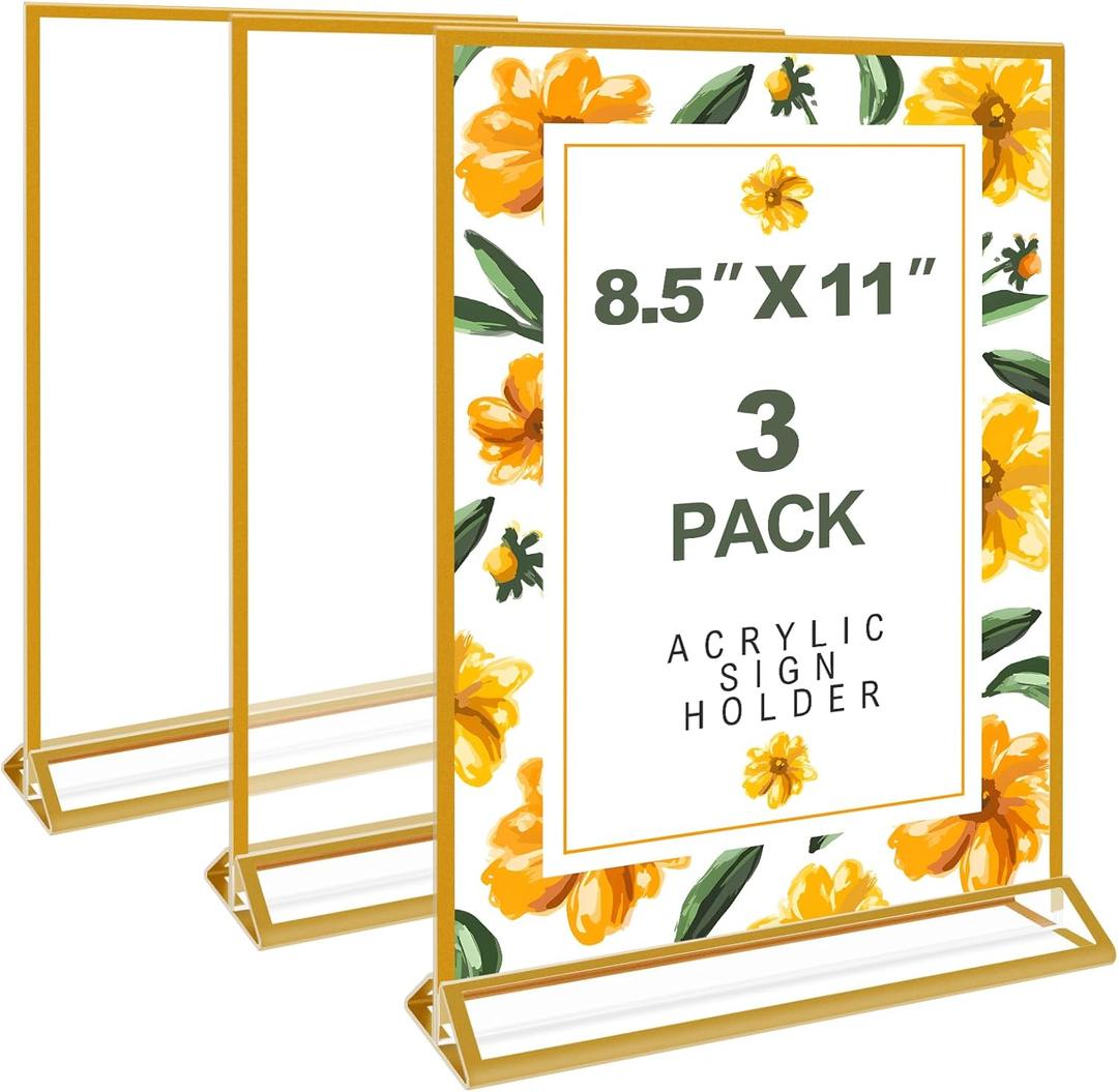 3 Pack Acrylic Sign Holder 8.5 x 11 Inch Gold, Double Sided Clear Display Stand for Wedding Table Numbers, Menu Holder, Picture Frame, Crystal Plastic Sign Holder for Office, Restaurant, Party