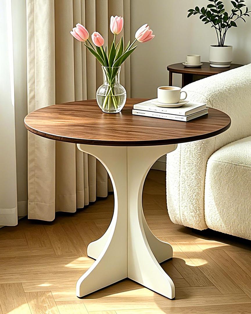 Mid Century Modern Round Side Table Accent End Table 24in Coffee Table with Amber Wood Grain Tabletop & White Curved Base for Living Room Bedroom Sofa Corner, Pedestal Nightstand