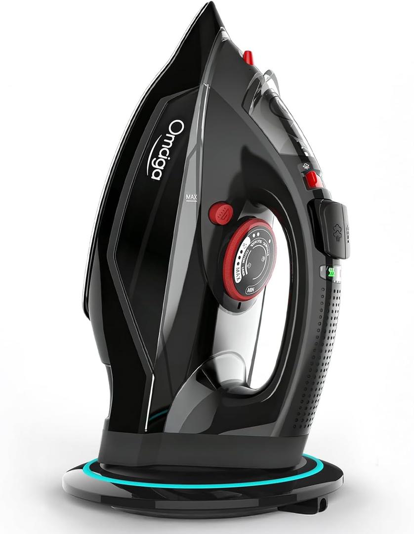 OMAIGA Cordless Iron for Clothes, 1500W Steam Iron with NonStick Ceramic Soleplate, Auto Shut Off, SelfClean, Burst of Steam, Anticalc, 3 Temperature Settings, 11.84oz Water Tank, Black