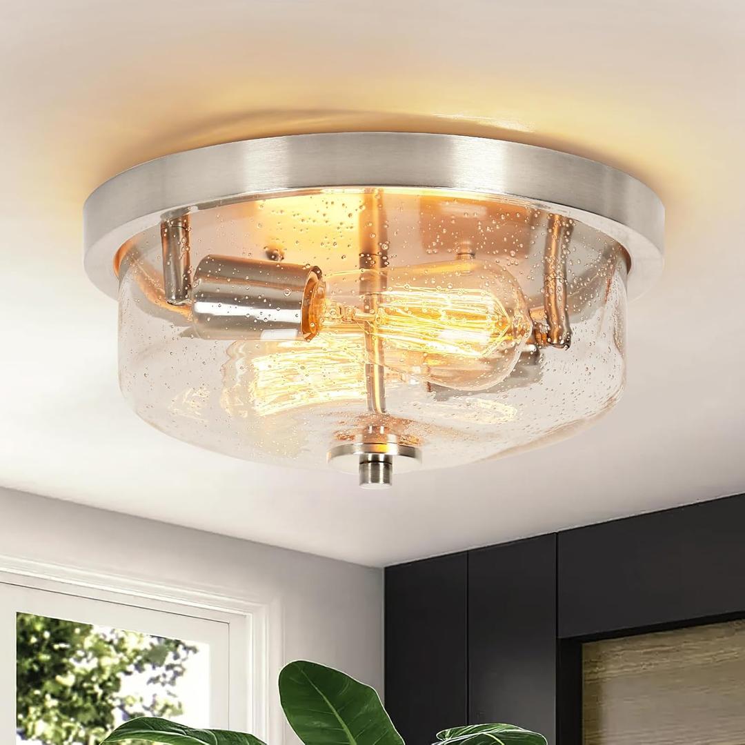 Brushed Nickel Flush Mount Ceiling Light 2-Light Outdoor Indoor Ceiling Light Fixture, Seeded Glass Flush Mount Light for Porch Modern Lights for Kitchen Hallway Foyer