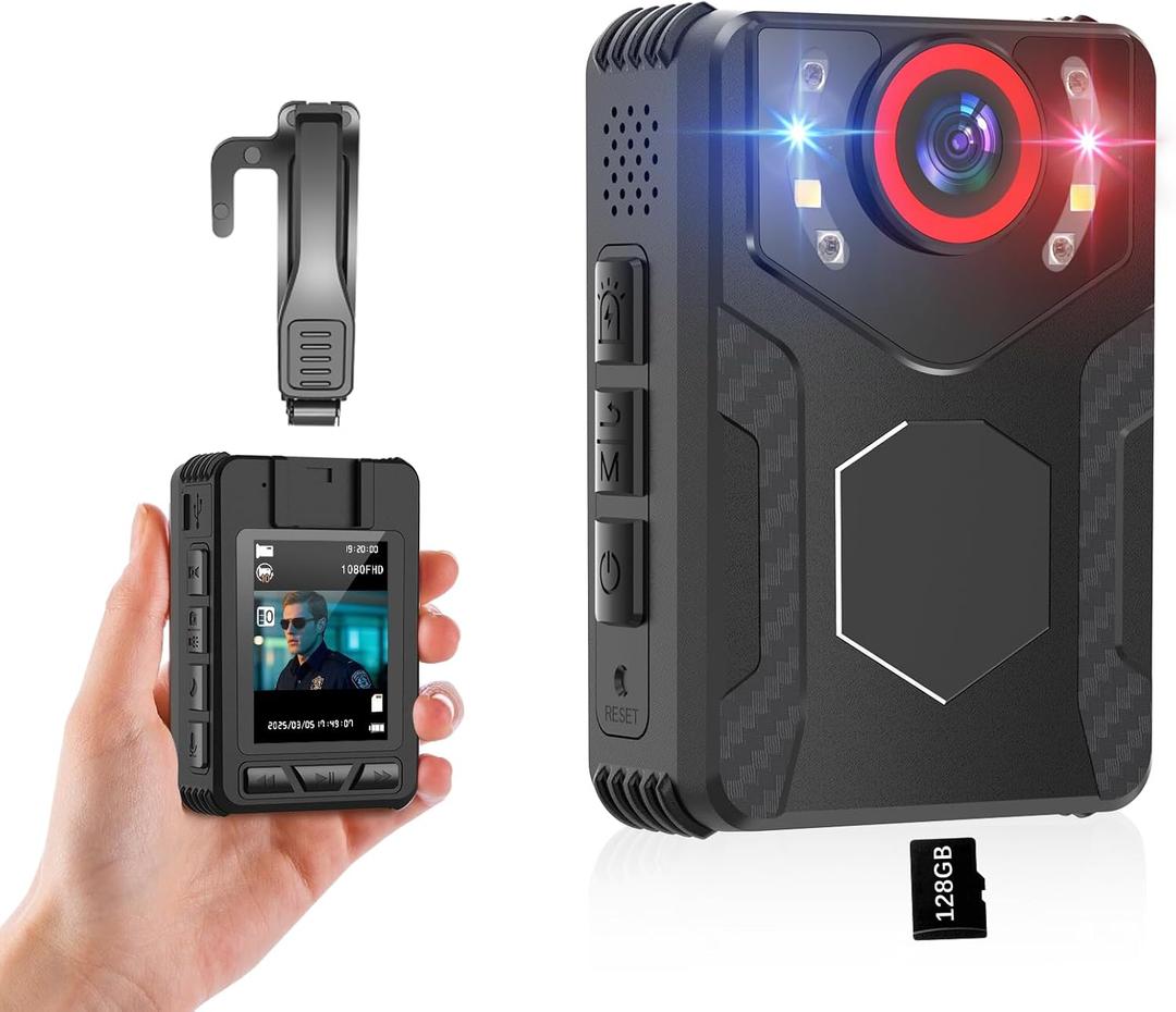 Body Camera with Audio and Video Recording - 1080 FHD Body Cam with IR Night Vision, 128GB Bodycam for Law Enforcement, Security Work, Outdoor Sport, Walking Dogs, Vlogging