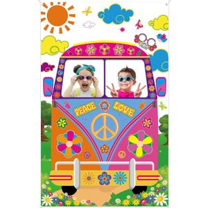 Hippie Bus Photo Prop 60s Party Decorations, 63 x 39.4 Hippie Bus Banner Groovy Frame Backdrop Hippie Selfie Frame Backdrop Background Banner for Birthday 60s 70s Party Favors Supplies