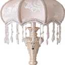 Classical Victorian Table Lamp European Style Fabric Desk Lamps with Fringe Beaded Lampshade Painted Resin Base Handmade Vintage Flower Bedside Night Light for Bedroom Living Room Office (13inch)
