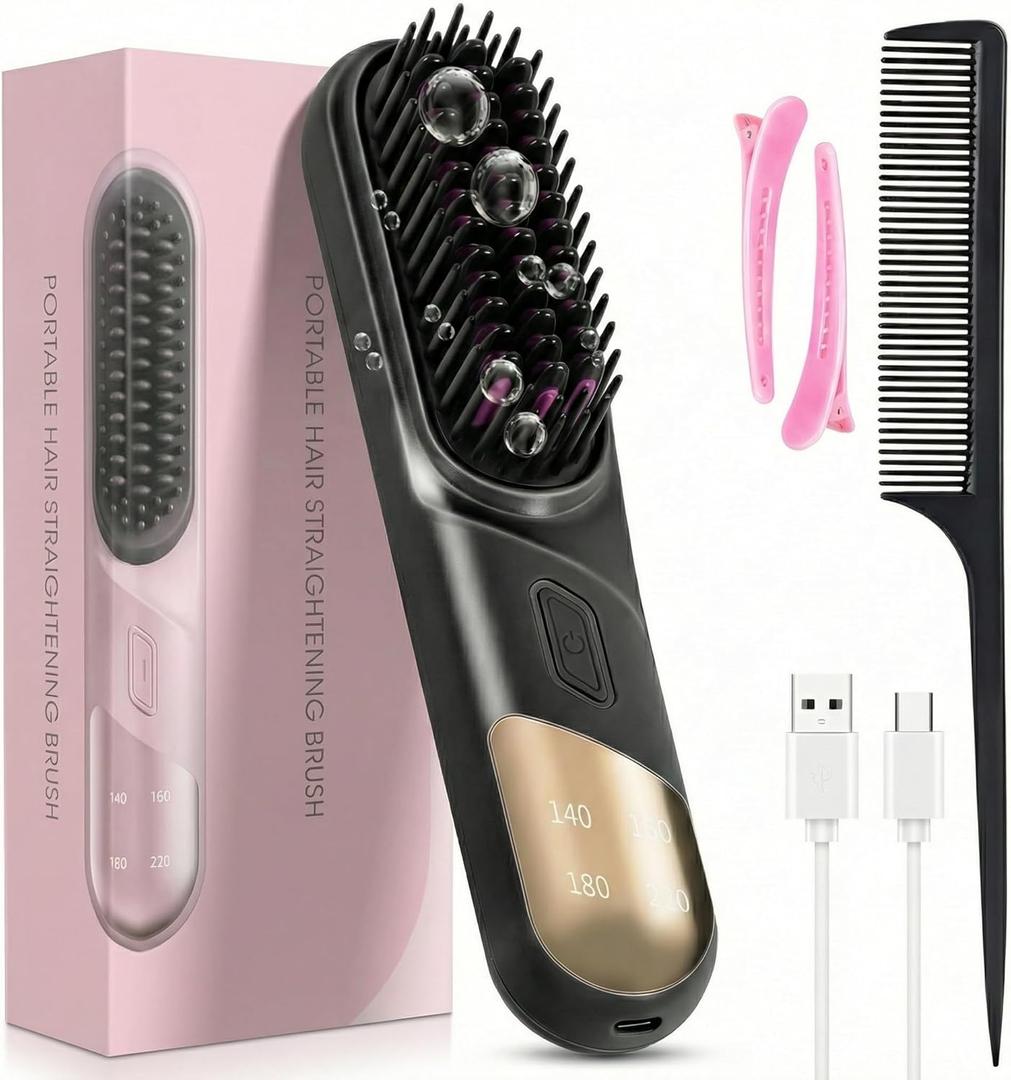 Go Brush Pro, 2026 Cordless Hair Straightener Brush 4 Adjustable Temperature 300 Million Negative Ions Portable USB Charging Travel Hair Straightener Suitable for All Hair Types (drak Black)