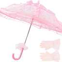 Mini Pink Lace Parasol Umbrella with Lace Gloves for Kids, Small Vintage Parasol for Wedding Tea Party Photo Props, 22in H