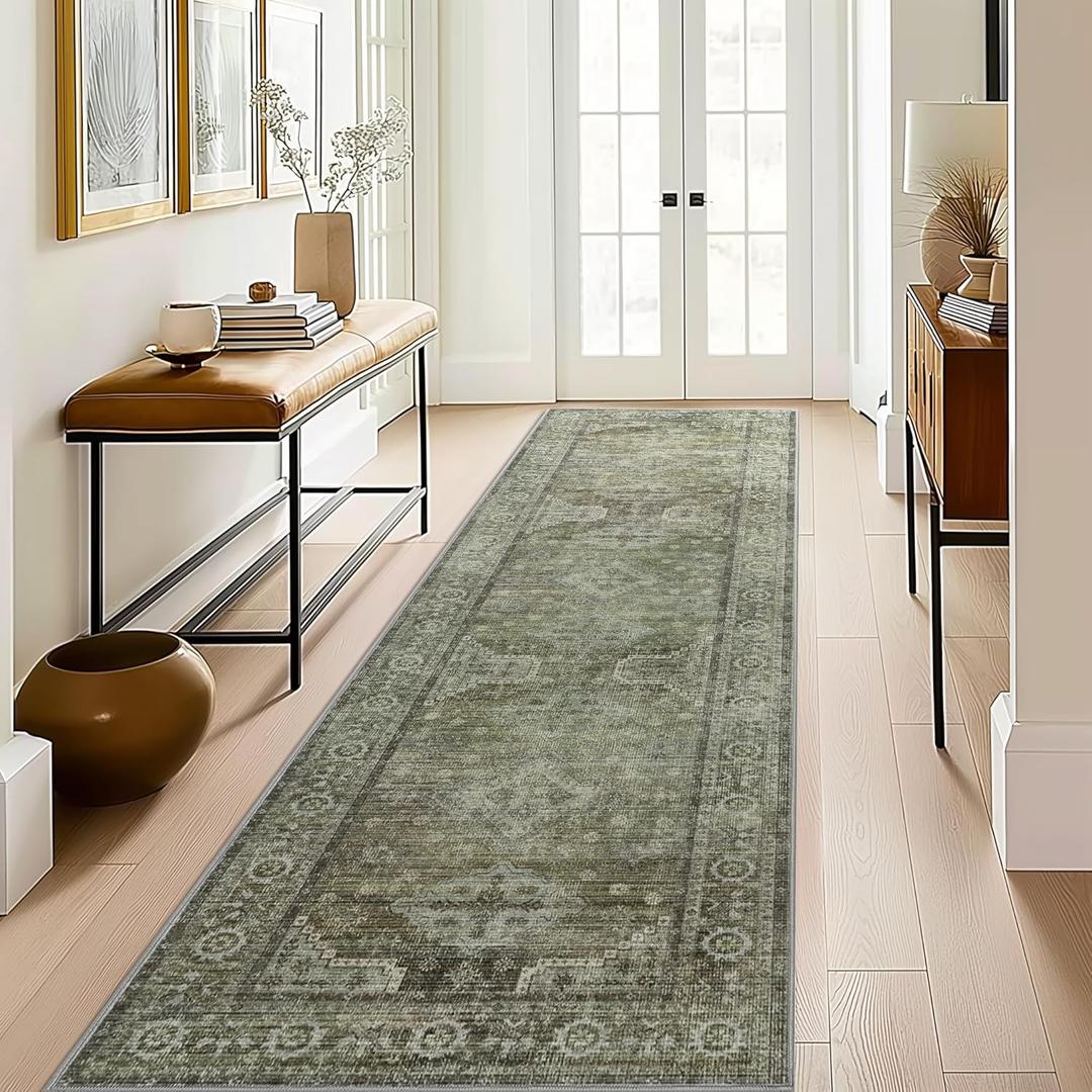 Runner Rug 3x7 for Hallway Living Room Bedroom, Washable Thin Chenille Rug, Print Vintage Tribal Aesthetic Carpet, Low Pile Mat with Non Slip Rubber Backing, Distressed Sage (Green/Olive)
