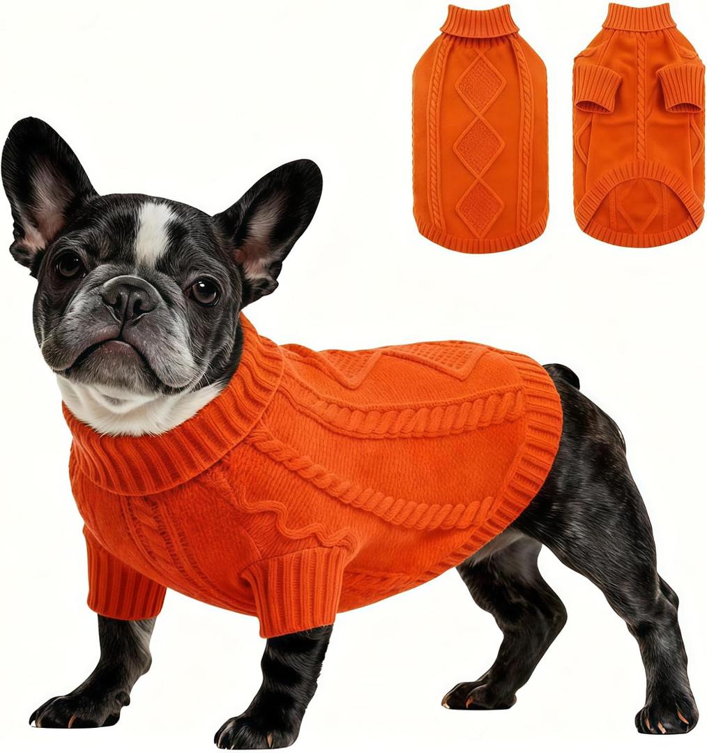 Christmas Dog Pullover Sweater, Cold Weather Cable Knitwear, Classic Turtleneck Thick Warm Clothes for Chihuahua, Bulldog, Dachshund, Pug, Yorkie (Orange Red, Medium)