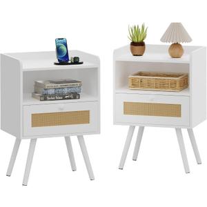 SUPERJARE Nightstands Set of 2, Bedside Tables with PE Rattan Drawers, Rattan Side Table with Storage & Solid Wood Feet, End Table for Bedroom, White