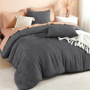 Litanika Dark Grey King Size Comforter Set, 3 Pieces Tufted Boho Farmhouse Bedding Comforter Sets, Lightweight Fluffy Comforter Bed Set for All Season (104x90In Comforter and 2 Pillowcases)