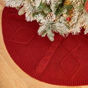 36 inch red Knitted Christmas Tree Skirt: Small Thick Cable Knit Round Tree Skirt for 4ft 5ft Tree Rustic Neutral Farmhouse Neutral Christmas Decor Tree Base Cover Xmas Home Decorations
