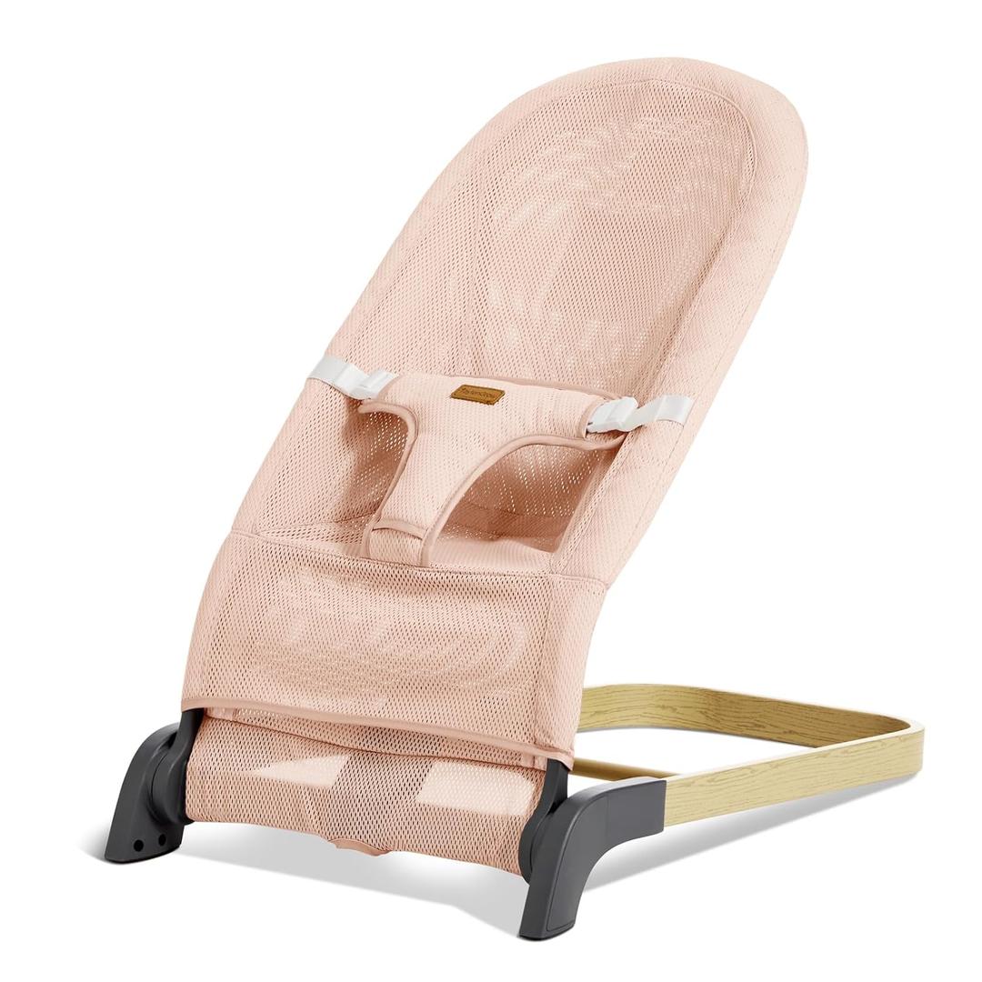 Foldable Baby Bouncer, Baby Seat with 3 Adjustable Heights, Portable Newborn Rocker, Ergonomic Bouncy Seat for Natural Bounce, Bouncer for Babies 0-6 Months, Soft Mesh (Mesh Pink)