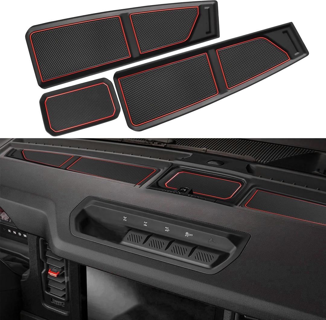 Silicone Dash Dashboard Cover Mat for Ford Bronco Accessories 2021 2022 2023 2024 Anti Dust Dash Pad Tray Insert Liners Compartments Mat for Bronco 3Pcs Set Premium Custom (Red Trim)