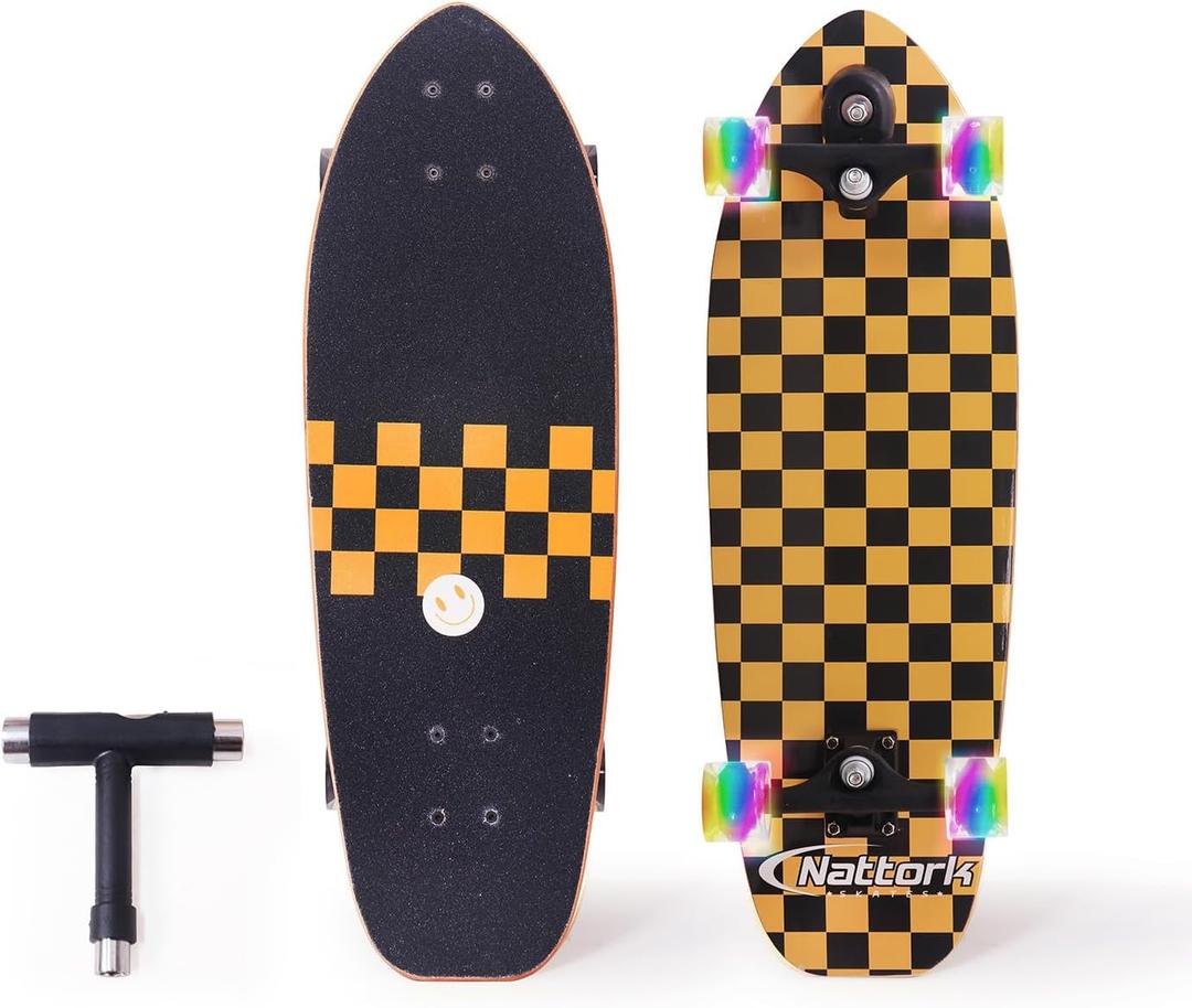 Nattork Complete Kid Skateboards 29" x 9" Youth Cruiser Skateboard for Beginners Double Kick Deck Concave Girls or Boys Skateboard (Golden Check)