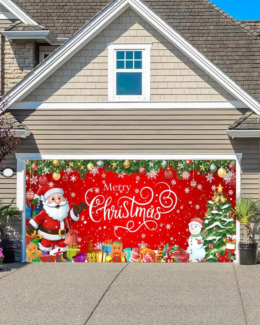 Christmas Garage Door Cover, 13x6ft Large Garage Door Christmas Decorations, Santa Claus Snowman Cover Banner Backdrop for Xmas Indoor Outdoor Decor Party Photo Background Decoration (Red)