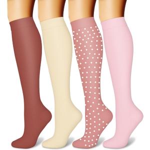 CHARMKING Compression Socks for Women and Men Circulation 4 Pairs 15-20 mmHg Best Support for Athletic Running Cycling (Small-Medium, 02 Pink/Beige/Pink/Pink)