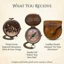 Engraved Brass Pocket Compass Gift for Men Vintage Antique Compass for Hiking, Adventure, and Travel Leather Case Included Moon & Stars, or Road Design Gift for Dad, Husband, or Son