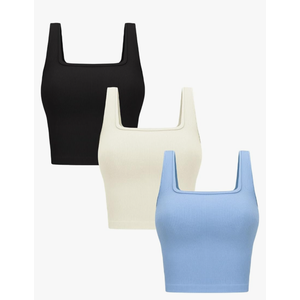 OLCHEE Womens 3 Pack Crop Tank Tops Basic Seamless Ribbed Sleeveless Square Neck Workout Top Summer Exercise Yoga Gym Sets, Medium