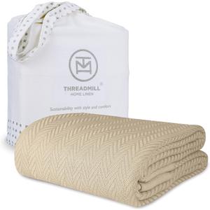 Threadmill Luxury Cotton Blankets for Twin Size Bed | All-Season 100% Cotton Twin Blanket for Bed | Herringbone, Soft & Cozy Fall Thermal Blanket, 350GSM, 68x92 inches | Beige (Twin (68" x 92"))