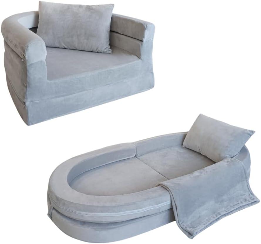 Wonder Space Kids Foam Couch with Blanket & Pillow, Pre-Assembled Toddlers 3-in-1 Convertible Sofa, Indoor Foadable Lounger Chair & Flip Open Floor Bed for Boys & Girls (Grey)