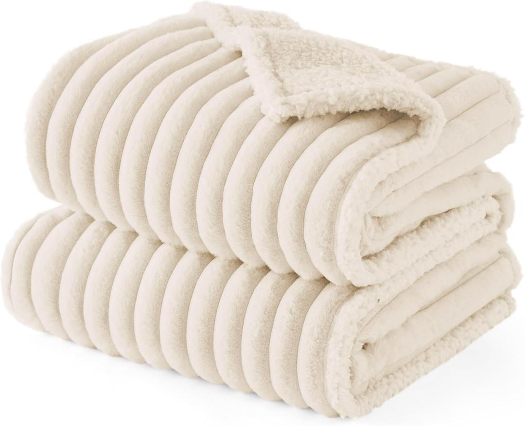 Bedsure ComfyFleece Waterproof Dog Blankets for Small Dogs - Soft Puppy Cat Blanket Corduroy Fleece Washable, Cozy Calming Reversible Furniture Protection for Pet Kitten Doggy,25"x35", Cream