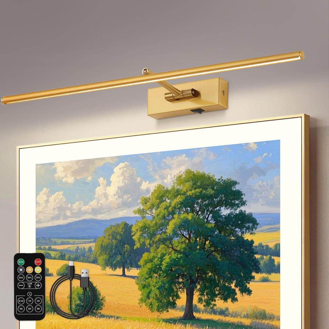 Battery Operated Picture Light with Wireless Remote 3CCT Dimmable Gold Wall Art Lights for Paintings 3 Color Rechargeable cordless decor Gallery Light 24 Artwork Lighting for Canvas Timer Function