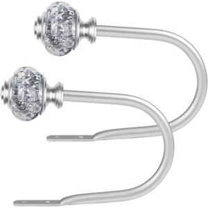 2 Pack Silver Curtain Holdbacks, USFOOK Decorative Drapery Tiebacks (2 Pack/1 Pair), Curtain Tie Back Hooks for Wall with Translucent Finials (6.1" L x 4.1" W)