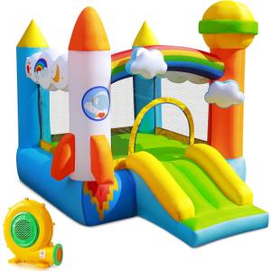 Inflatable Bounce House - Bouncer with Air Blower for Indoor & Outdoor, Jumping Bouncy Castle with Slide and Basketball Hoop for Kids 3-6, Bouncing House with Storage Bag and Repair Patches