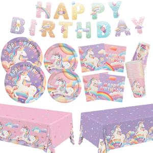 birthday Party Supplies Kit for 24 Guests - for Unicorn Birthday Decorations, Includes Dinner & Dessert Plates, Napkins, Cups, Banner and Tablecloth for Unicorn 1st Birthday Party Decorations