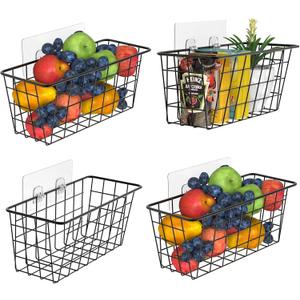 Deertaip Adhesive Basket Wall Wire Basket Over the Cabinet Door Organizer No Drilling Mounted 4 Pack, Black