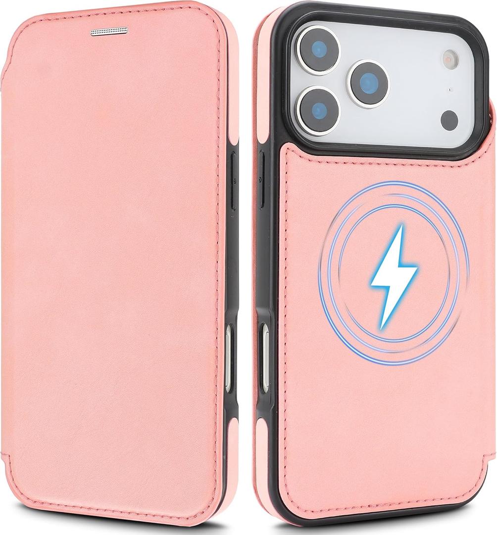 for iPhone 17 Pro Wallet Case with [RFID Blocking] Card Slot, MagSafe-FitPU Leather Strong Magnetic Flip Fold Protective Phone Case for iPhone 17 Pro Case Wallet,Pink