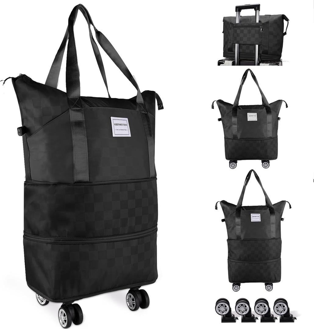 NBERMOTION Expandable Rolling Duffle Bag - Large Carry-On With Spinner Wheels, Foldable Weekend Travel Bag, 28-58L Capacity (A-Black）