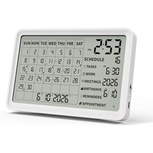 Digital Calendar, Digital Desk Planner with Schedule Reminder Clock with Day and Date, Chargeable 8 Inch Large Display Electronic Calendar Office Home School Family for Wall Mount & Desktop 2026-2055 (White, 8 inch)