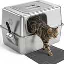 Ptlom Enclosed Stainless Steel Litter Box for Large Cats, Leak-Proof Metal Cat Toilet with Lid, Ventilated Top Opening Covered Cat Pan High Sided Walls, Scoop & Litter Mat, 20.8" x 13.0" x 15.1"