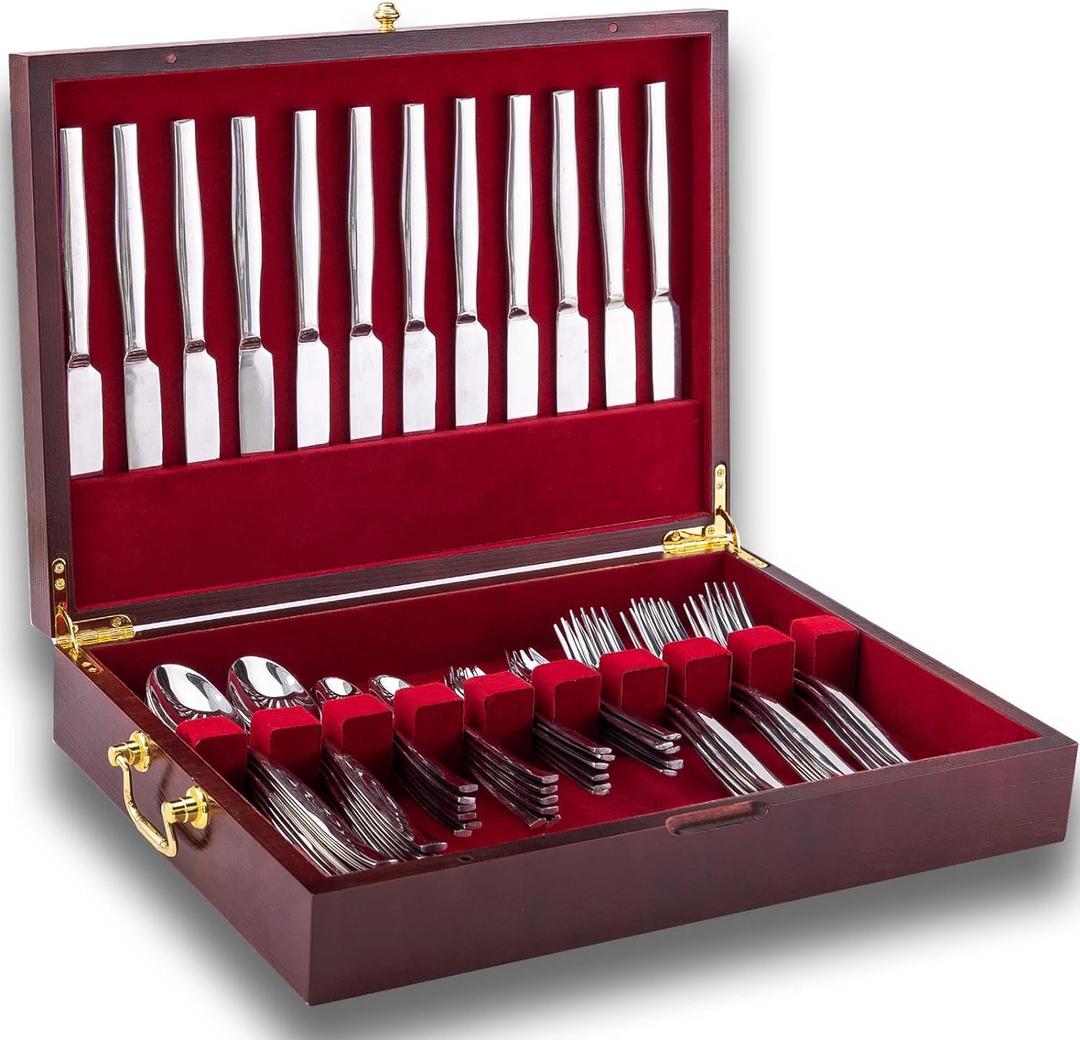 GENRICE Wooden Silverware Chest without Silverware, Silverware Box Storage for Silver, Silverware Case with Handle and Felt Lined, Flatware Chest for 12 sets of Utensils
