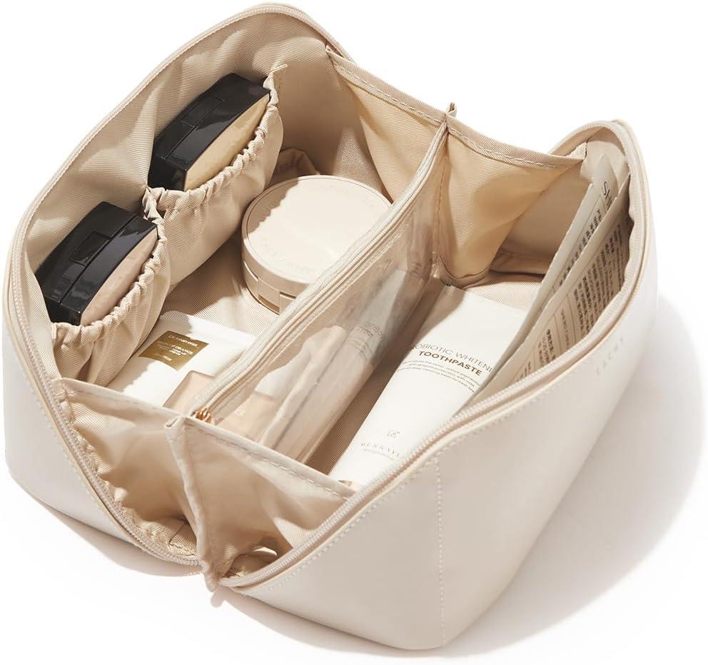 EACHY Travel Makeup Bag,Large Capacity Cosmetic Bags for Women,Waterproof Portable Pouch Open Flat Toiletry Bag Make up Organizer with Divider and Handle (Medium)