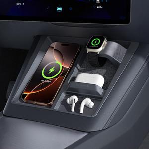 JINKEY 3-in-1 Center Console Organizer for Tesla Model 3 Highland & Model Y (2024-2025), Silicone Charging Dock Station Holder for iPhone,Watch & Air-Pod,Cable Management Tray (Charger Not Included)