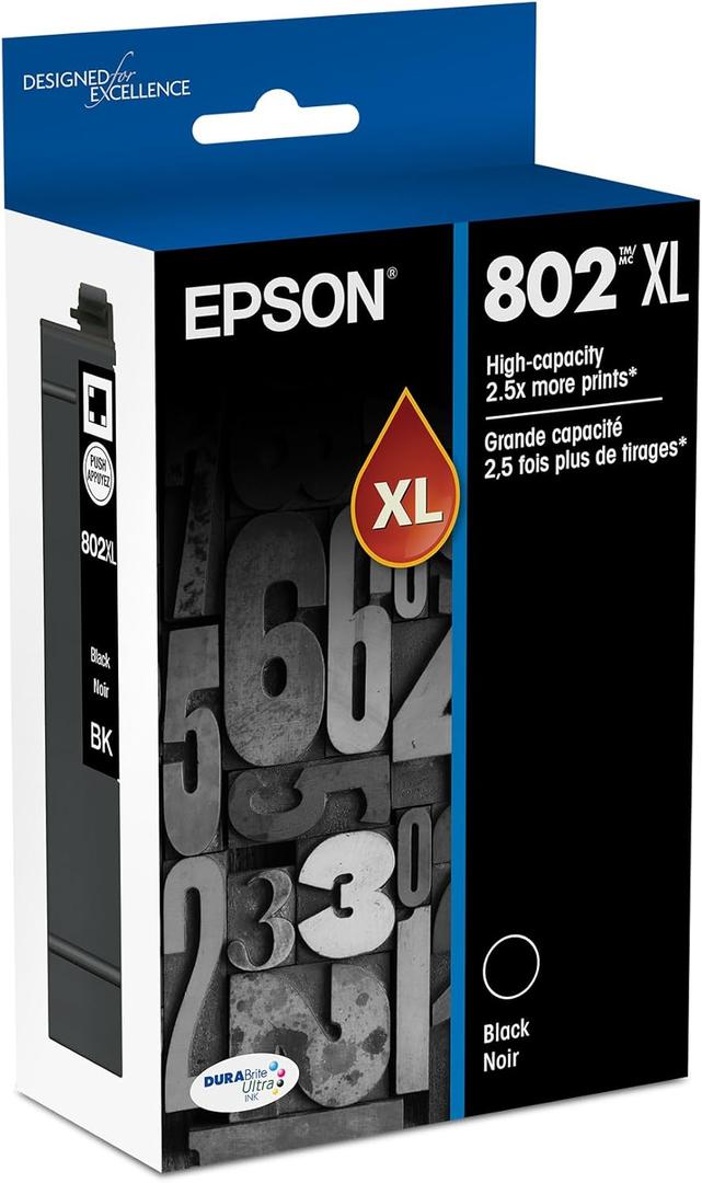 EPSON 802 DURABrite Ultra Ink High Capacity Black Cartridge (T802XL120-S) Works with WorkForce Pro WF-4720, WF-4730, WF-4734, WF-4740