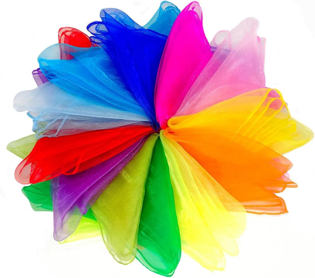 Juggling Scarves, 12 PCS Dance Scarves for Kids Play Silk Scarve for Toddlers Children Movement Music Scarf Magic Tricks Performance Props Accessories Rhythm Band Scarfs 12colors 24 inches